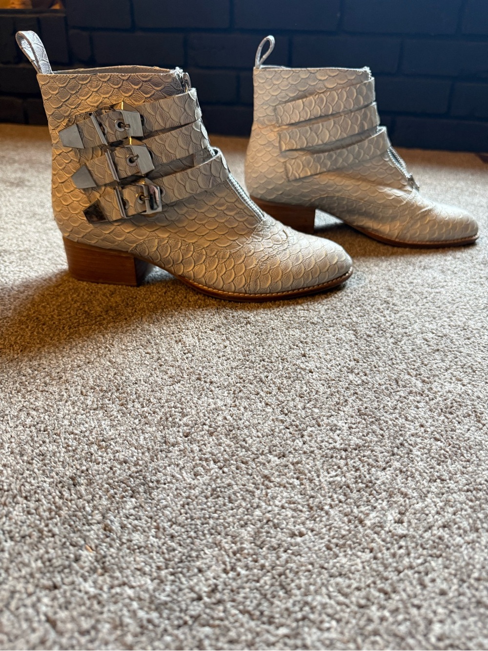 Jeffrey Campbell Cream Textured Buckle Ankle Booties